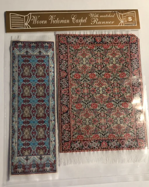 New Dollhouse Miniature Woven Victorian Rug Carpet And Runner 6”x3.75” + 6”x1.8”