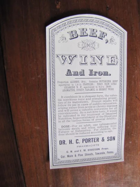 Vintage Beef Wine and Iron Label Dr. H.C. Porter & Son Pharmacists Towanda, Pa.