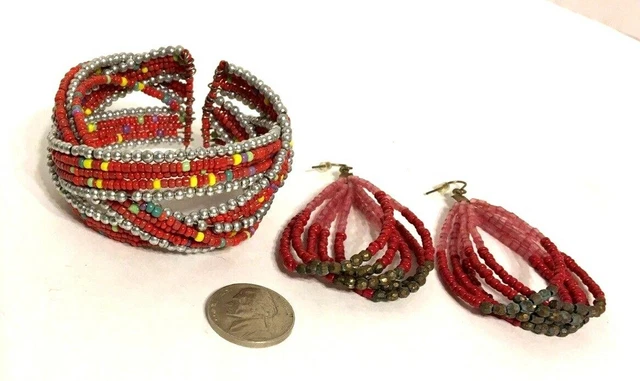 Red Silver Seed Beads Braided Cuff Bangle Bracelet + Oval Hoops Pierced Earrings