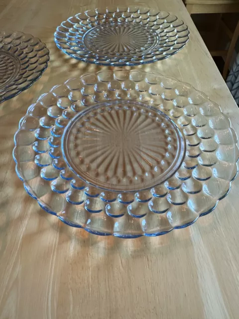 Set of 4 Anchor Hocking Bubble Blue 9 1/2” Dinner Plate Depression Glass 2