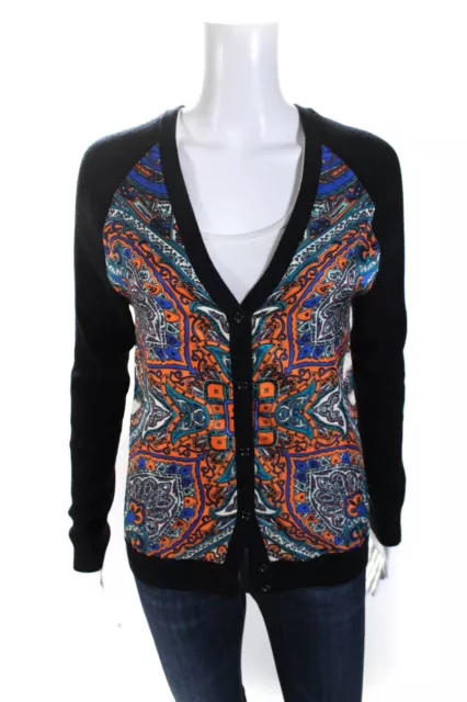 Shari's Place Womens Black Wool Multicolor Printed Cardigan Sweater Top Size S