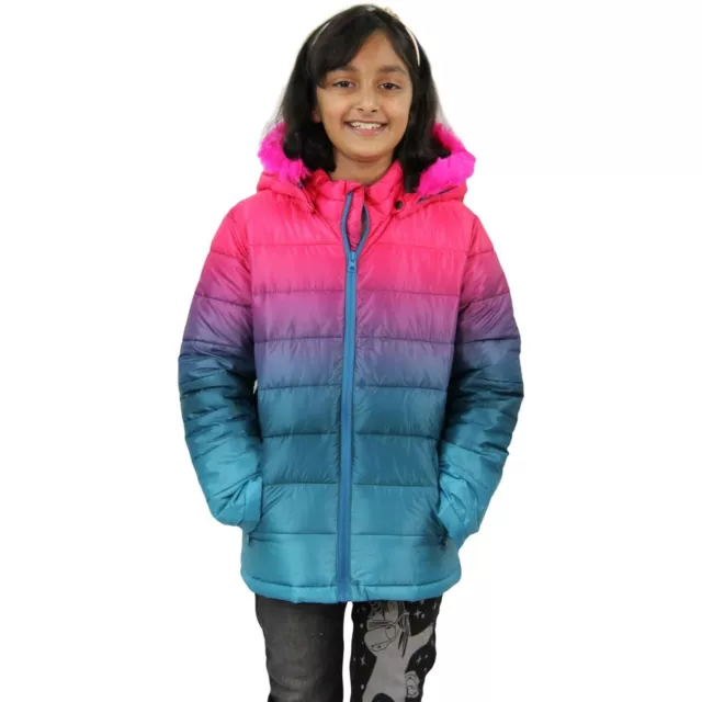 Kids Girls Jackets Cerise Faux Fur Hooded Two Tone Gradient Print Warm Coat 5-13
