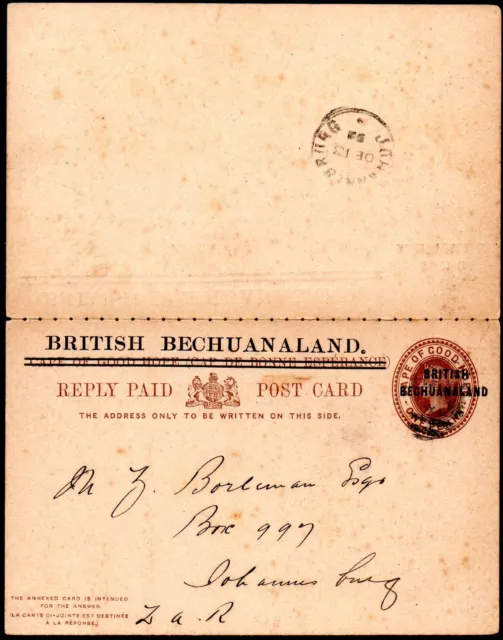 Bechuanaland 1892 1d+1d Postal Stationery post + reply postcard, PC6 part used