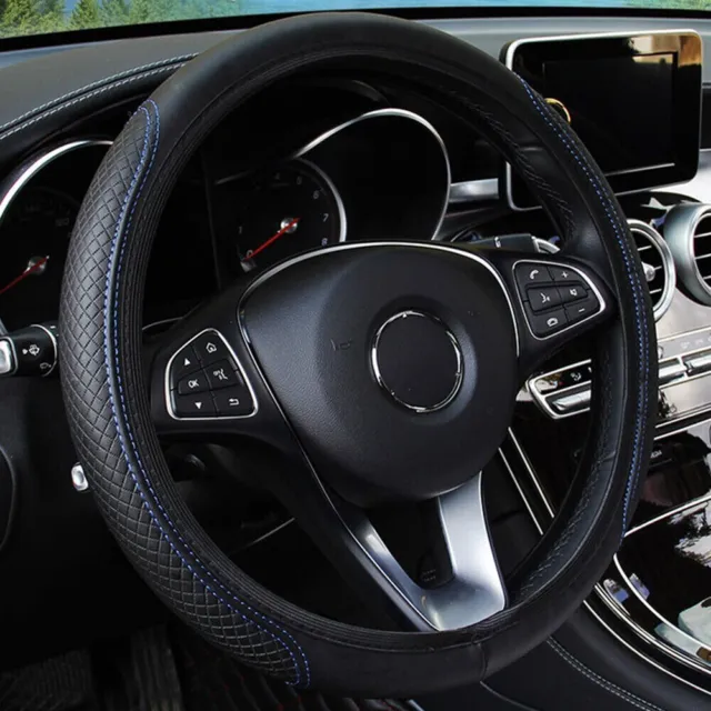 Luxury Leather Steering Wheel Cover for Car Breathable Antislip 15 Inch Black