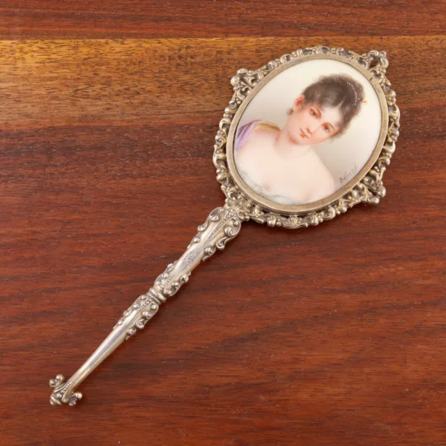 Superb J W Reddall Sterling Silver Gilt Hand Mirror Hand Painted Woman Porcelain