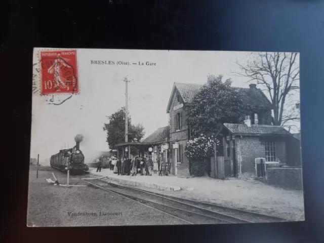 Carte postale postcard cpa bresles Oise 60 la gare départ voyageur  1908