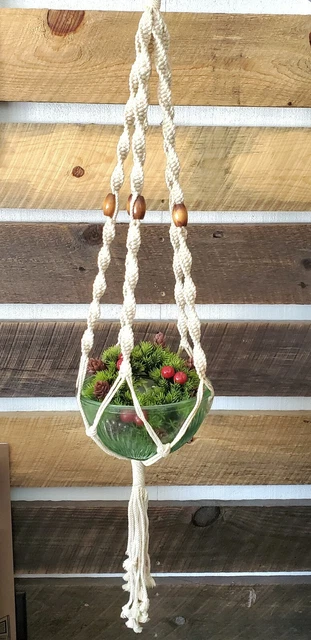 Vintage Handmade Off White Macrame Plant Hanger Wooden Beads Medium to Large Sz