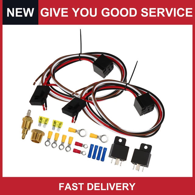 Universal Dual Electric Fan Relay Kit w/ Thermostatic Sensor Switch Pack of 2