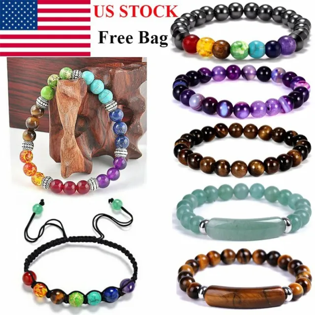 7 Chakra Healing Tiger Eye Natural Stone Yoga Energy Beads Bracelet Jewellery US