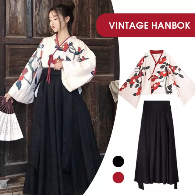 Japanese Style Girls Kimono Sakura Haori Floral Print Cosplay Hanfu Skirt Dress