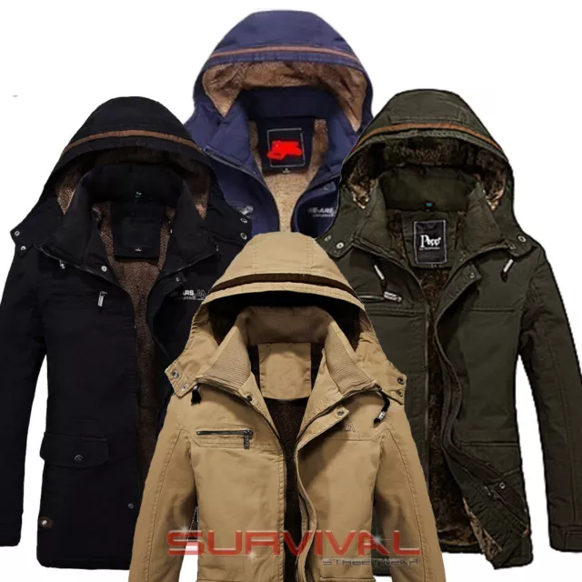 Mens Jacket Cotton Heavy Duty Fleece Lined Winter Coat Detachable Hood XS S M L