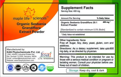 ORGANIC sesbania grandiflora 20:1 extract Powder, 0.5% Biotin, 2500 mcg Biotin