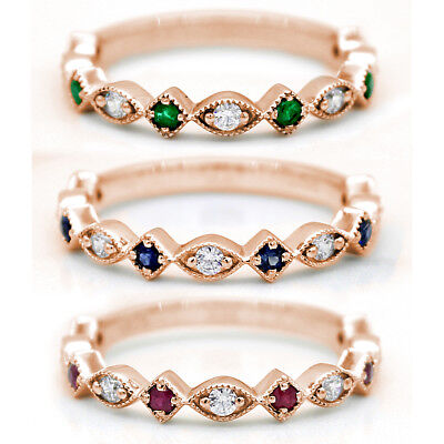 Natural Emerald/Blue Sapphire/Ruby Diamond 14Kt Rose Gold Stack Meaniful Gift