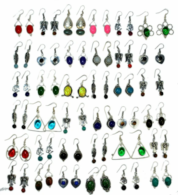 Calcedonia & Mix Piedra 925 Chapado en Plata de Ley Lote 50 Par Pendientes