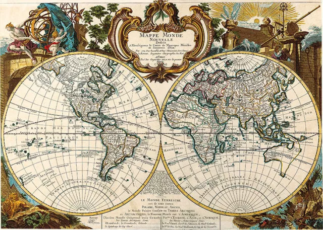 Map of the World Double Hemisphere 1744 A1 High Quality Canvas Art Print