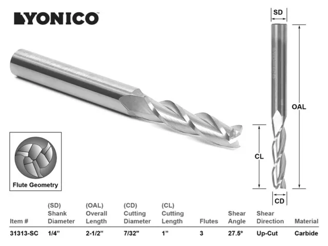 7/32" Dia. Upcut Spiral End Mill CNC Router Bit - 1/4" Shank - Yonico 31313-SC