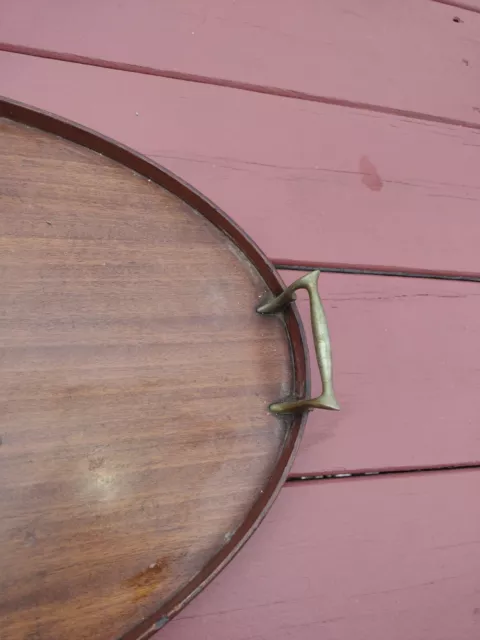 Antique Edwardian Oval Serving Tray Mahogany w/ Inlaid Maple & Brass Handles 3