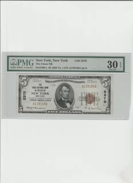 1929 $5 National Bank Of New York, NY #2370 PMG Very Fine-30
