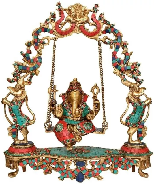 Brass Ganesh Statue on Swing with stone work home decor, big size/gift item