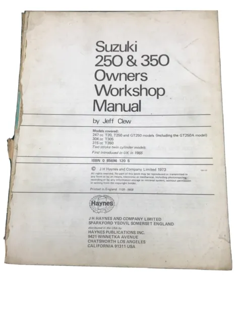 Haynes Owners Workshop Manual Book Suzuki 250 360 1965 No Cover