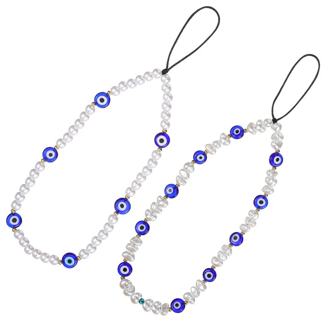 2Pcs Mobile Phone Lanyards Pearl Evil Eye Beaded Phone Charm Wrist Strap
