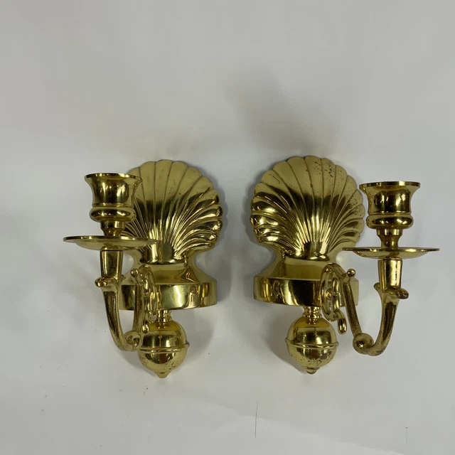 Pair of Vintage Brass Clam Scallop Shell Candle Stick Holders Sconces Wall Mount