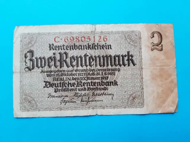 Allemagne Billet 2  Rentenmark 1937 ⭐️ Germany Banknote ⭐️ Banconota