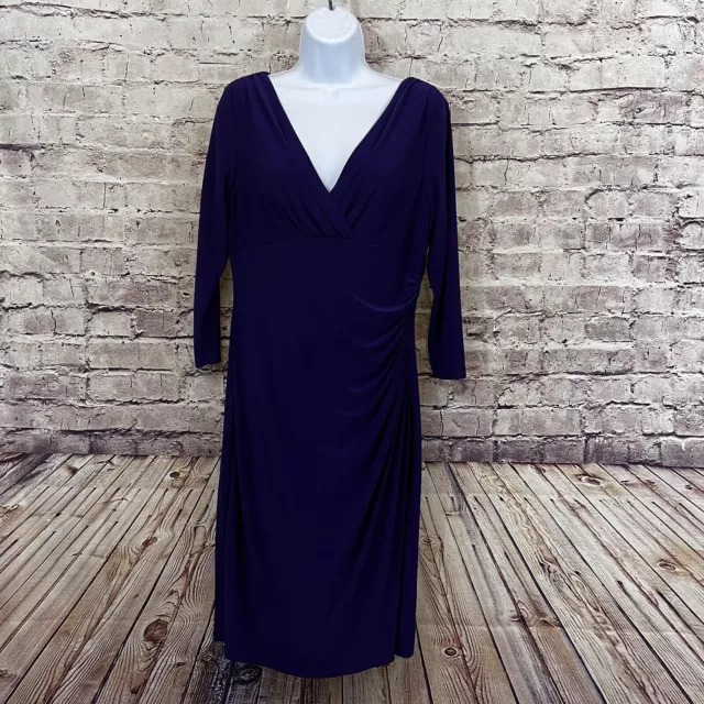 American Living Dress Womens Size 12 Purple V Neck Ruched 3/4 Sleeve Formal