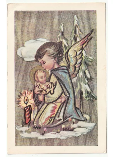 1967 Tarjeta Postal Navidad Vintage Nieve Ángel Jesús Niño Luz Vela -doble