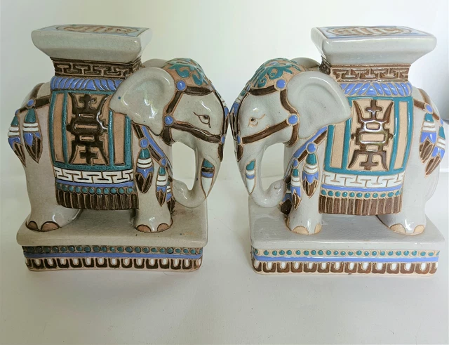 Paire D'elephans En Ceramique Polychrome Debut Xx Signes.