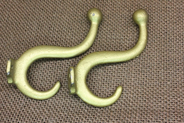 2 old Coat Hat Hooks school house vintage rustic BRASS COLOR Cast Iron 2