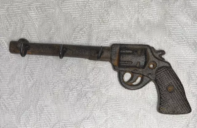 Gun Pistol Revolver Wall Hook Key Rack Cast Iron Rustic Western Brown Patina