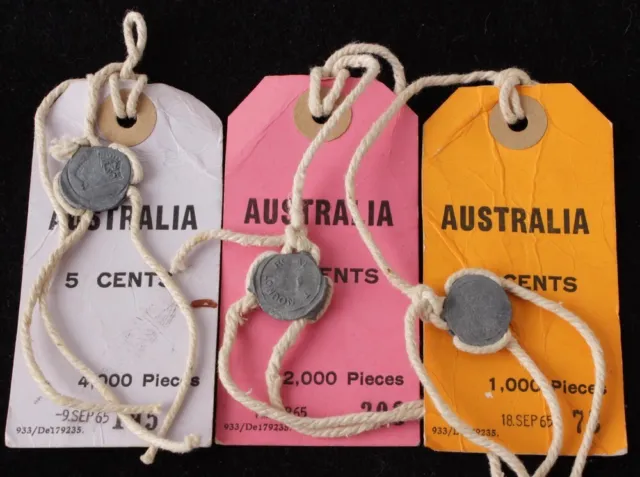 Australia: 1965 Royal Aust Mint Bulk 5c, 10c, 20c coin bag tags & 3 lead seals