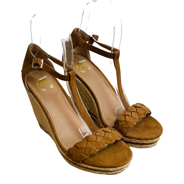 Charming Charlie Sz 6 Cognac Brown Faux Suede T-strap Braided Jute Wedge Sandal