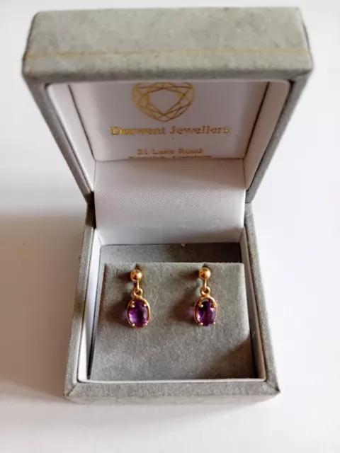 9ct gold Vintage Amethyst Drop / Dangle earrings : London 🇬🇧 Hallmark