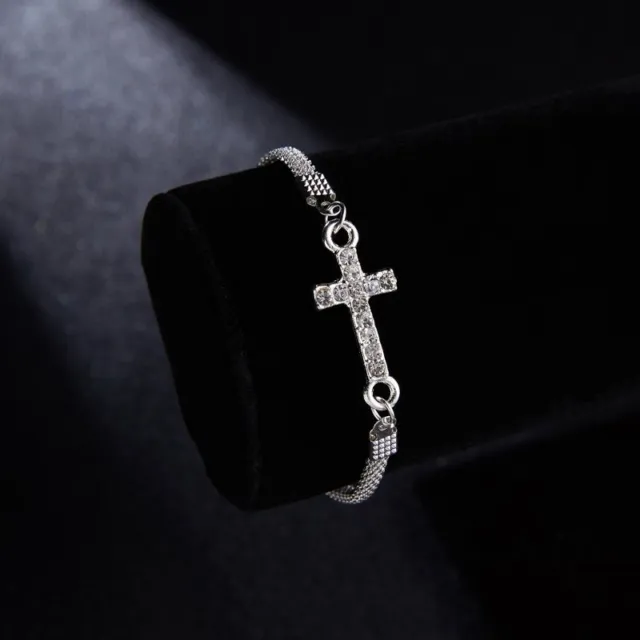 Fashion Men Women Silver Charm Cross Crystal Bracelet Adjustable Bangle Jewelry