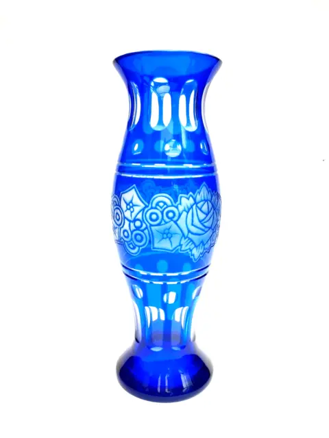 Kralik Art Deco Cameo Glass Vase c.1930s Bohemian Blue Cut to Clear - Loetz Int.