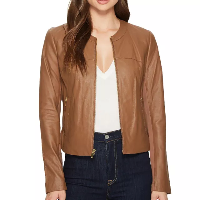 NEW Via Spiga Women's Collarless Zipped Leather Jacket Knit Backing Size L $460