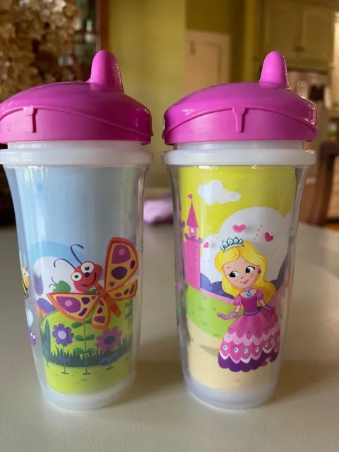 Lot of 2 Playtex Sipsters Cup Spill Leak Proof Princess & Butterfly Insulated