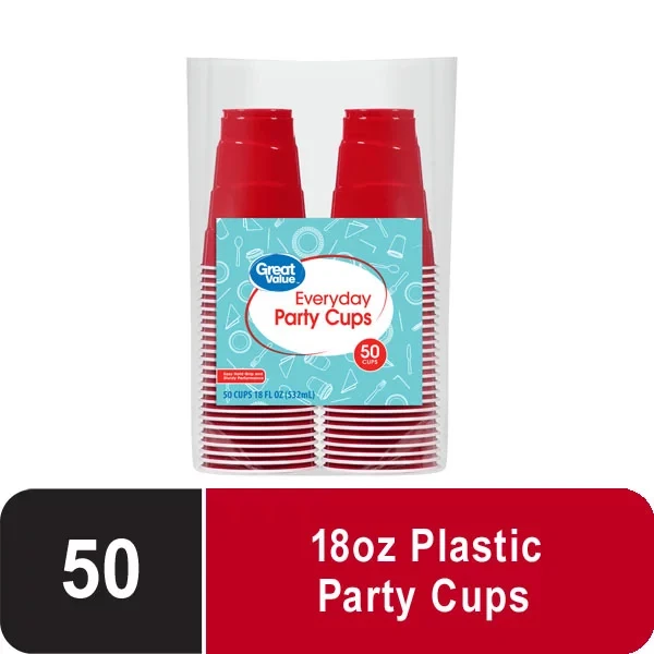 GREAT VALUE EVERYDAY Disposable Plastic Cups, Red, 18 oz, 50 count 13.