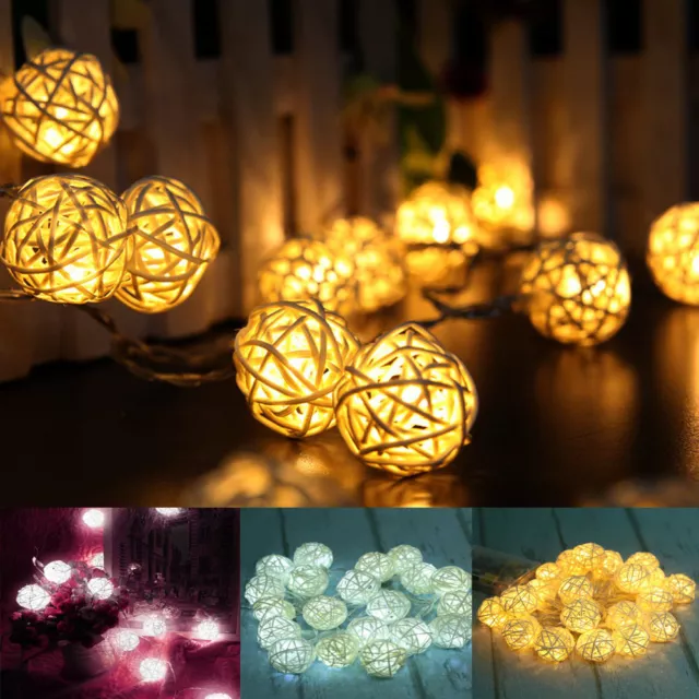 20 LED Boule Rotin Guirlande Lumineuse Jardin Fée Lampe Mariage Fête Noël Décor 2