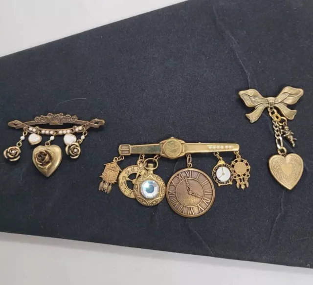 Lot of 3 vtg Brass Dangle Brooches heart Lockets clocks bow roses