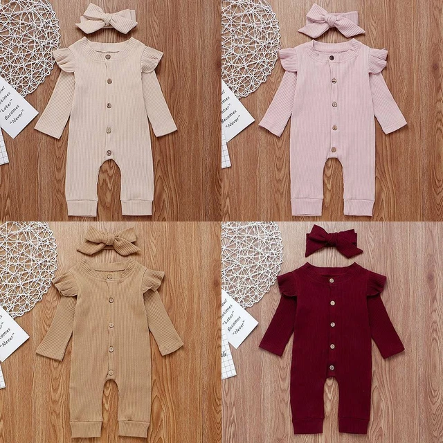Newborn Baby Girls Ribbed Outfits Romper Jumpsuit Headband Set Infant Clothes 4