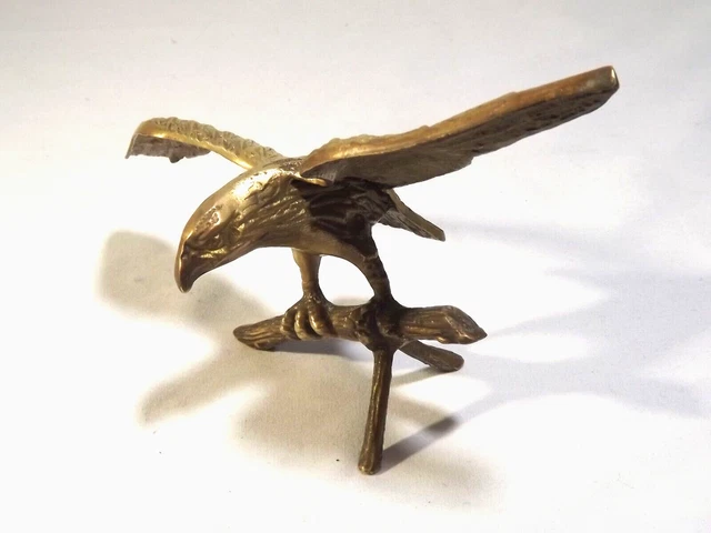 Solid Brass American Bald Eagle Wings Spread Perched Tree Branch Vintage