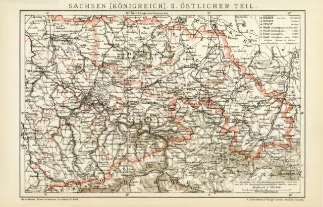 Köngreich Sachsen Ost historische Landkarte Deutsches Reich Lithografie ca. 1892