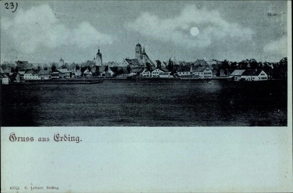Mondschein Ak Erding in Oberbayern, Blick auf den Ort - 2853361