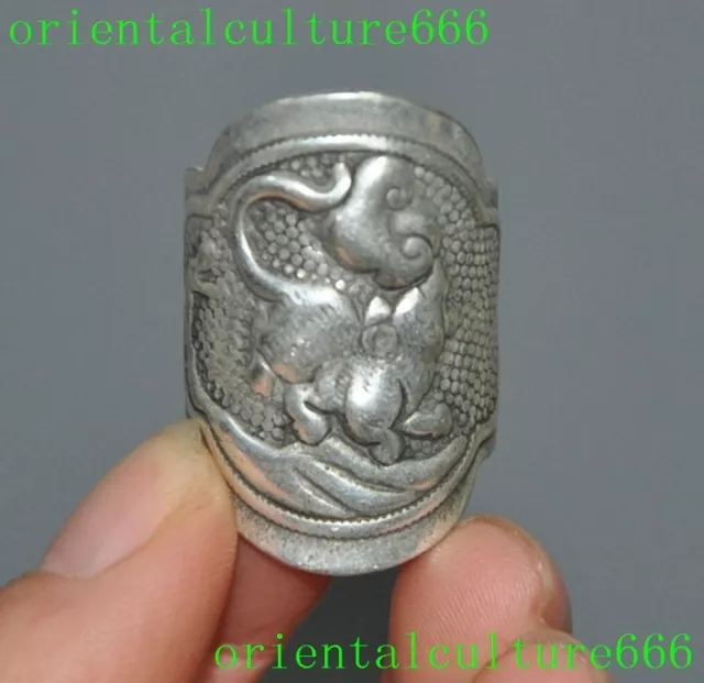 Collect Old China Miao Silver Mouse rat ruyi exorcism Lucky Hand Jewelry Ring