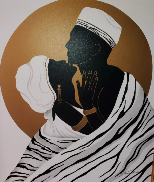 African Art Gold Tone Serigraph Print On Canvas 20X24 Jorge Arrieta