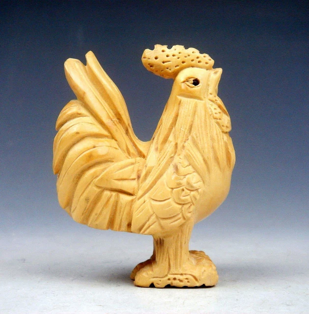 Japanese Boxwood Hand Carved Netsuke Big Tail Rooster Chicken Standing #05242302