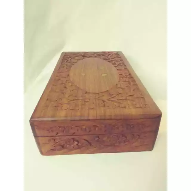 Vintage Floral Carved Wooden Trinket Box Flowers & Gold Leaves Accents Hinged